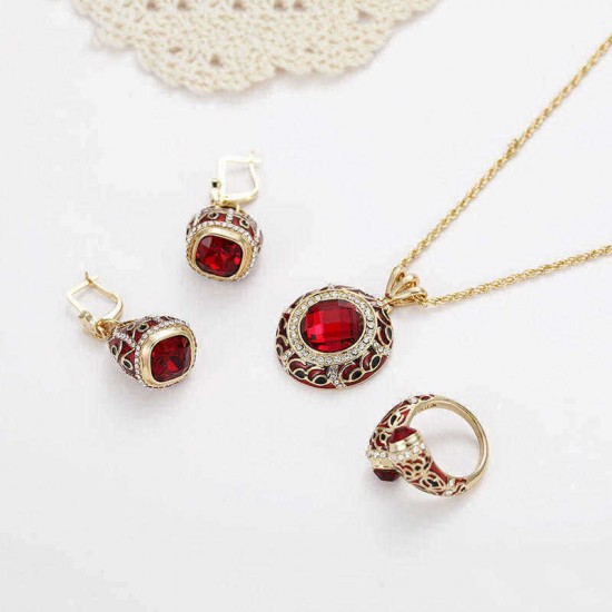 Luxury Red Crystal Statement Ring Charm Necklaces Star Drop Earrings Bridal Jewelry Set for Women