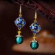 Luxury Retro Dangle Earrings Cloisonne Flower Agate Handmade Gold Earring for Women Ethnic Jewelry