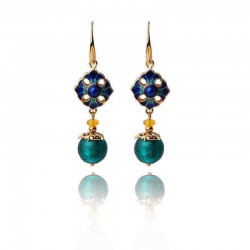 Luxury Retro Dangle Earrings Cloisonne Flower Agate Handmade Gold Earring for Women Ethnic Jewelry