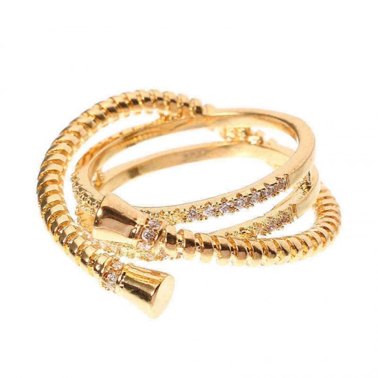 Luxury Sterling 24K Gold Plated Unique Screw Thread Three Round Overlapping Rings Women Jewelry