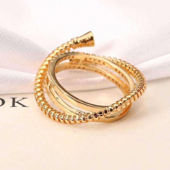 Luxury Sterling 24K Gold Plated Unique Screw Thread Three Round Overlapping Rings Women Jewelry