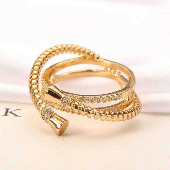 Luxury Sterling 24K Gold Plated Unique Screw Thread Three Round Overlapping Rings Women Jewelry