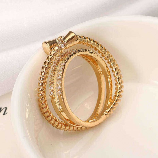 Luxury Sterling 24K Gold Plated Unique Screw Thread Three Round Overlapping Rings Women Jewelry