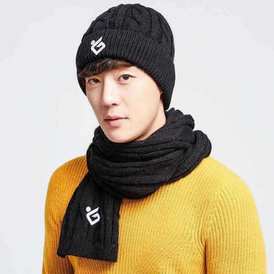 Men And Women Winter Plush Thick Warm Acrylic Knitted Earmuffs Cap Scarf Set Hat