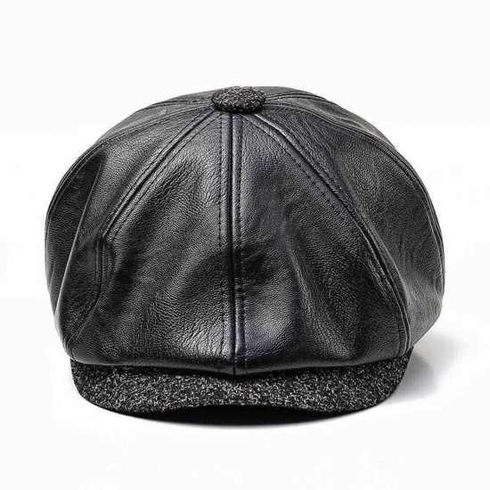 Men Middle-aged Artificial Leather Painter Beret Caps Warm Adjustable Newsboy Hunting Hat