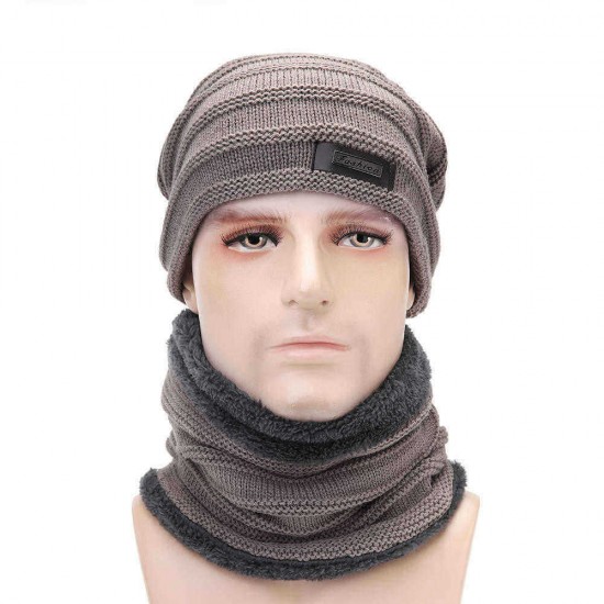 Men Plus Velvet Knit Hat Scarf Set Vintage Winter Thicken Earmuffs Beanie Hat With Neck Cover