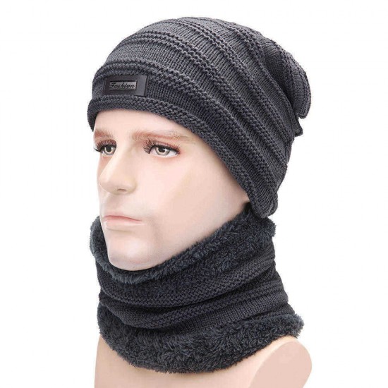 Men Plus Velvet Knit Hat Scarf Set Vintage Winter Thicken Earmuffs Beanie Hat With Neck Cover