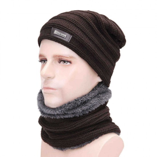 Men Plus Velvet Knit Hat Scarf Set Vintage Winter Thicken Earmuffs Beanie Hat With Neck Cover