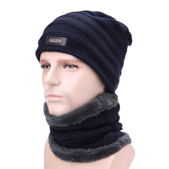 Men Plus Velvet Knit Hat Scarf Set Vintage Winter Thicken Earmuffs Beanie Hat With Neck Cover