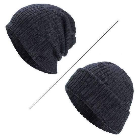 Men Winter Plain Thicken Brimless Knitted Cap Curlable Earmuffs Slouch Beanie Caps