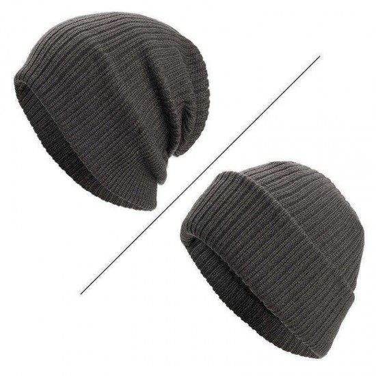 Men Winter Plain Thicken Brimless Knitted Cap Curlable Earmuffs Slouch Beanie Caps