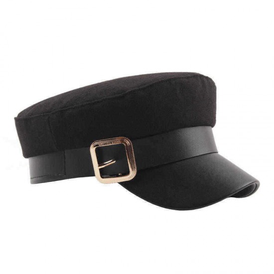 Men Woman Belt Metal Buckle Navy Beret Caps Woolen Blending Warm Flat Top Cadet Hat