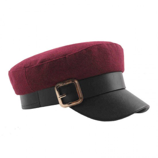 Men Woman Belt Metal Buckle Navy Beret Caps Woolen Blending Warm Flat Top Cadet Hat