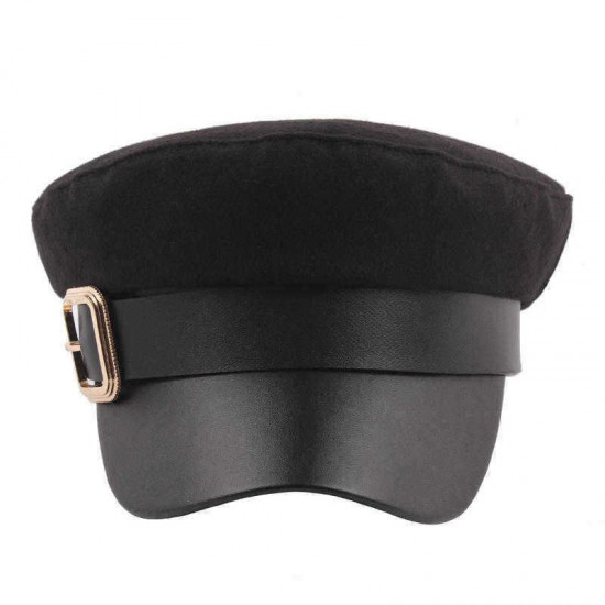 Men Woman Belt Metal Buckle Navy Beret Caps Woolen Blending Warm Flat Top Cadet Hat