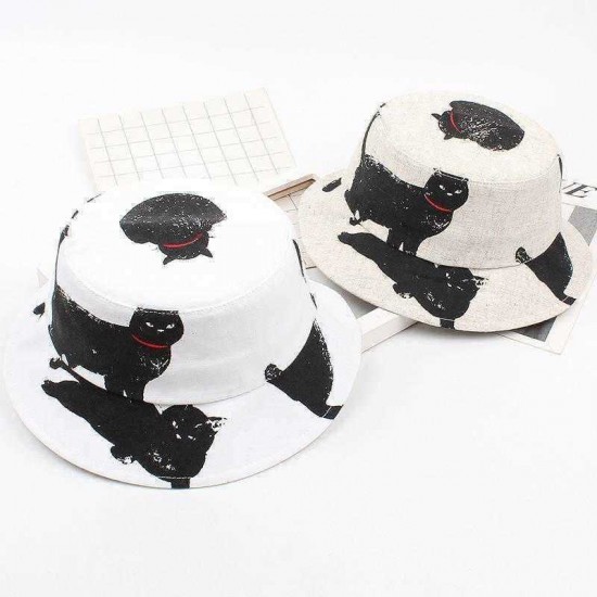 Men Women Cat Pattern Print Bucket Hat Outdoor Sunshade Fisherman Hat