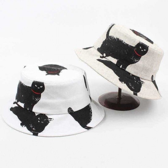 Men Women Cat Pattern Print Bucket Hat Outdoor Sunshade Fisherman Hat