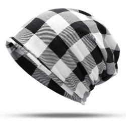 Men Women Cotton Plaid Slouchy Beanie Cap Scarf Outdoor Print Double Layers Turban Hat