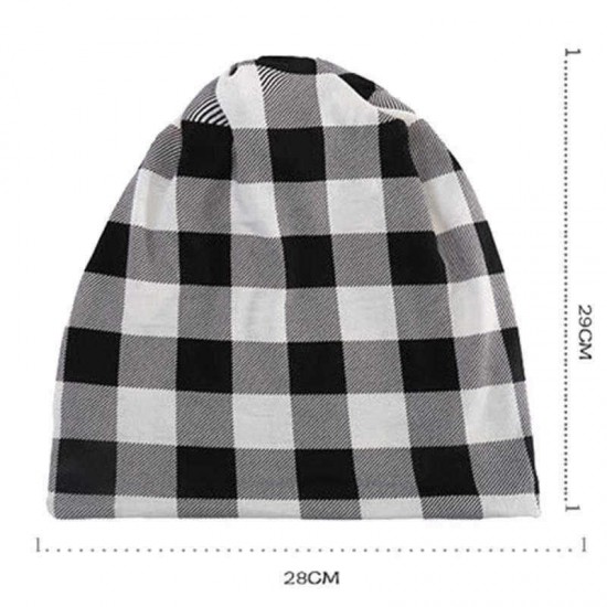 Men Women Cotton Plaid Slouchy Beanie Cap Scarf Outdoor Print Double Layers Turban Hat