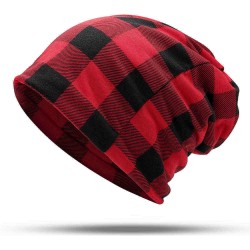 Men Women Cotton Plaid Slouchy Beanie Cap Scarf Outdoor Print Double Layers Turban Hat