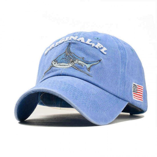 Men Women Denim Sunshade Hat Embroidered Letter Shark Washed Baseball Cap