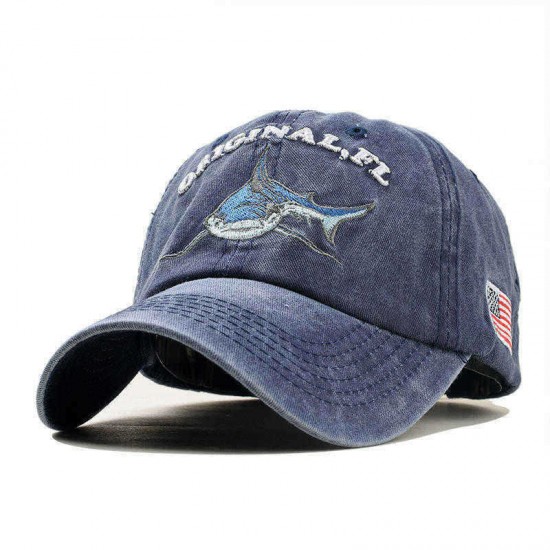 Men Women Denim Sunshade Hat Embroidered Letter Shark Washed Baseball Cap