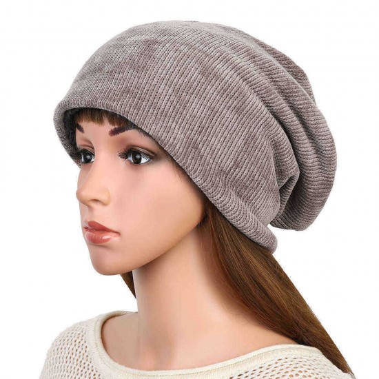 Men Women Double Layer Plus Velvet Hood Hat Chenille Warm Vertical Stripes Baggy Pile Cap Beanie