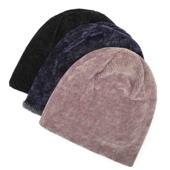 Men Women Double Layer Plus Velvet Hood Hat Chenille Warm Vertical Stripes Baggy Pile Cap Beanie