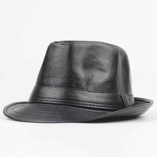 Men Women PU Leather Plain Weave Crimping Brim Casual Jazz Top Hat