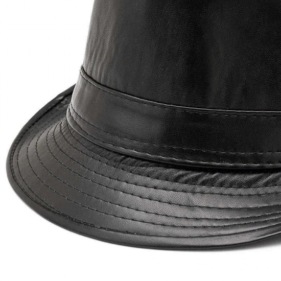 Men Women PU Leather Plain Weave Crimping Brim Casual Jazz Top Hat