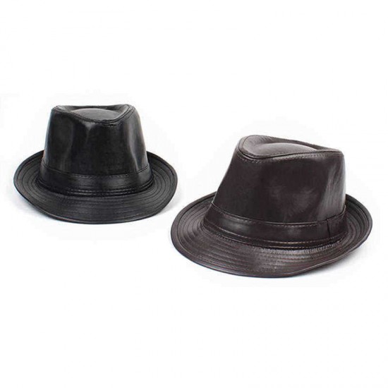 Men Women PU Leather Plain Weave Crimping Brim Casual Jazz Top Hat