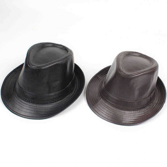 Men Women PU Leather Plain Weave Crimping Brim Casual Jazz Top Hat