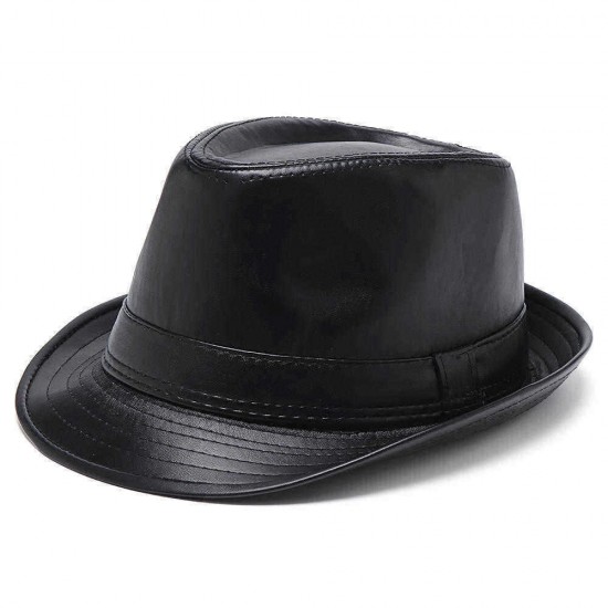 Men Women PU Leather Plain Weave Crimping Brim Casual Jazz Top Hat