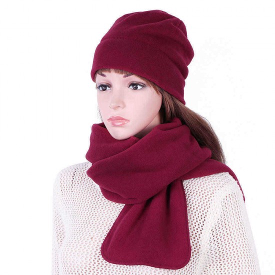 Men Women Polar Fleece Two-Piece Hat Scarf Set Outdoor Warm Vintage Plain Beanie Scarves