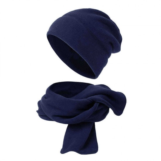 Men Women Polar Fleece Two-Piece Hat Scarf Set Outdoor Warm Vintage Plain Beanie Scarves