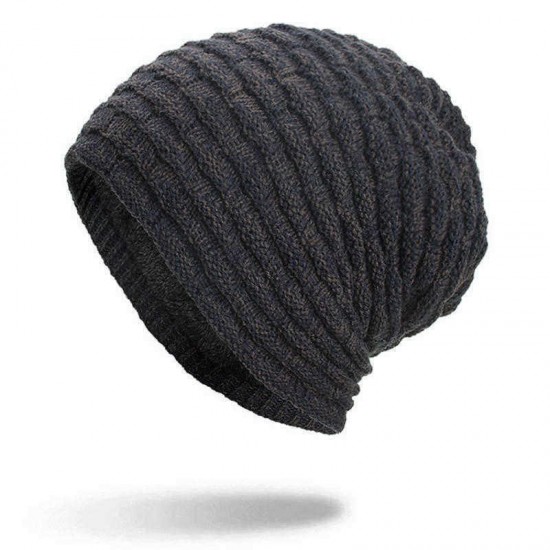 Men Women Special Stripe Plus Velvet Knitted Hat Outdoor Double Layers Slouch Beanie Caps