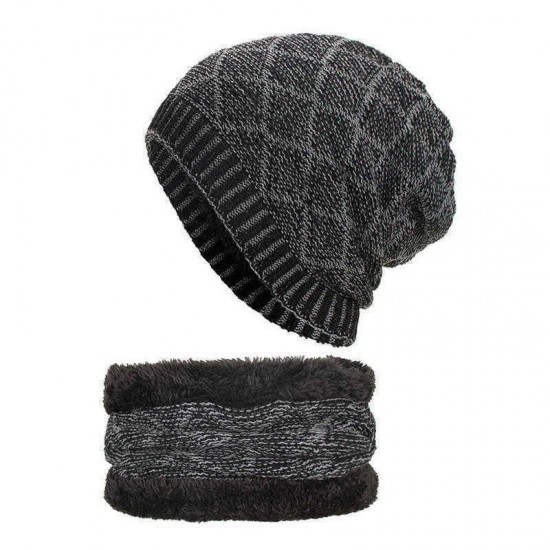 Men Women Thicken Coral Fleece Brimless Knitted Cap Scarf Set Winter Warm Beanie Hat