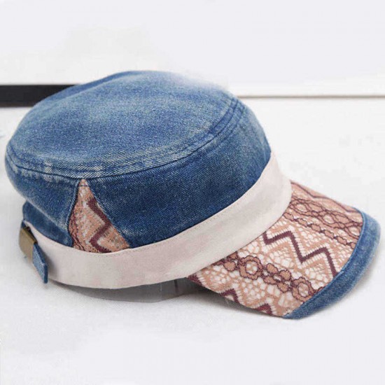 Men Women Washed Denim Military Army Cap Outdoor Ripple Peaked Cap Visor Flat Top Hat