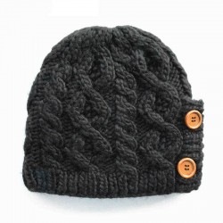 Men Women Winter Earmuffs Manual Weaving Knit Beanie Hat with Button Flexible Skull Cap