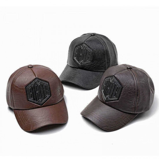 Men Women Winter PU Leather Baseball Cap Outdoor Adjustable Letter Badge Peaked Hat Dad Hat