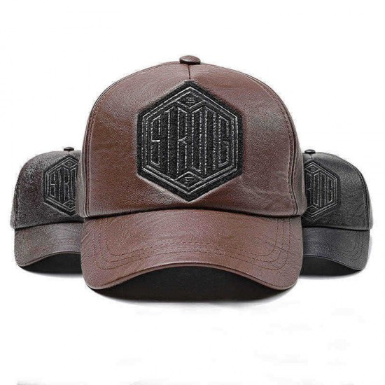 Men Women Winter PU Leather Baseball Cap Outdoor Adjustable Letter Badge Peaked Hat Dad Hat