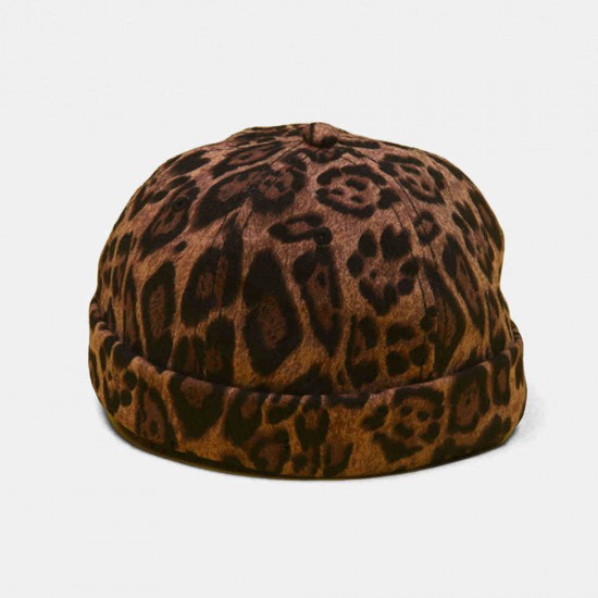 Mens Adjustable Leopard Brimless Hats Vogue Retro Skullcap Letter Sailor Cap