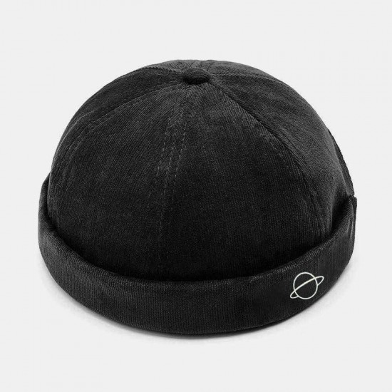 Mens Corduroy Planet Print Adjustable Solid French Brimless Hats Vogue Retro Skullcap Sailor Cap