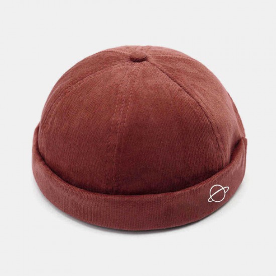 Mens Corduroy Planet Print Adjustable Solid French Brimless Hats Vogue Retro Skullcap Sailor Cap