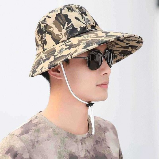 Mens Cotton Face Protection Bucket Hat Outdoor Fishing Hat With String Climbing Mesh Breathable Sunshade Cap