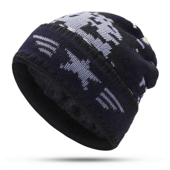 Mens Crimped Winter Plus Velvet Warm Slouchy Knit Beanie Hat Casual Plus Size Earmuffs Skull Cap