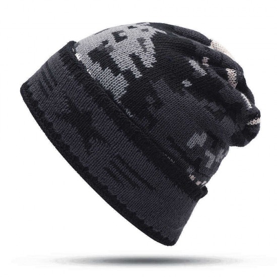 Mens Crimped Winter Plus Velvet Warm Slouchy Knit Beanie Hat Casual Plus Size Earmuffs Skull Cap