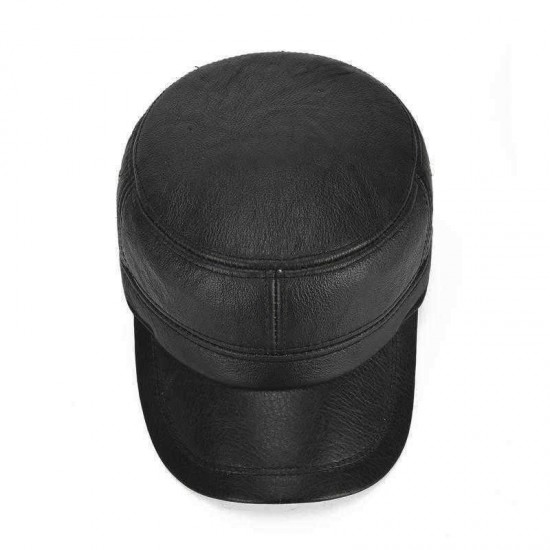 Mens Winter Leather Earmuffs Flat Top Hats Outdoor Durable Warm Military Army Peaked Cap