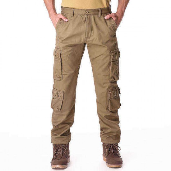 Mens Winter Polar Fleece Lined Cargo Pants Multi Pocket Loose Thick Warm Trousers