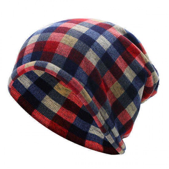 Mens Women British Style Grid Cotton Beanies Hat Thicken Velvet Warm Hat And Scarf