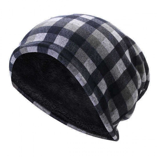 Mens Women British Style Grid Cotton Beanies Hat Thicken Velvet Warm Hat And Scarf